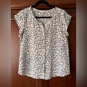 Joie Cream/Blue/Gray Leopard Print Cap-Sleeve Silk Blouse Size Medium
